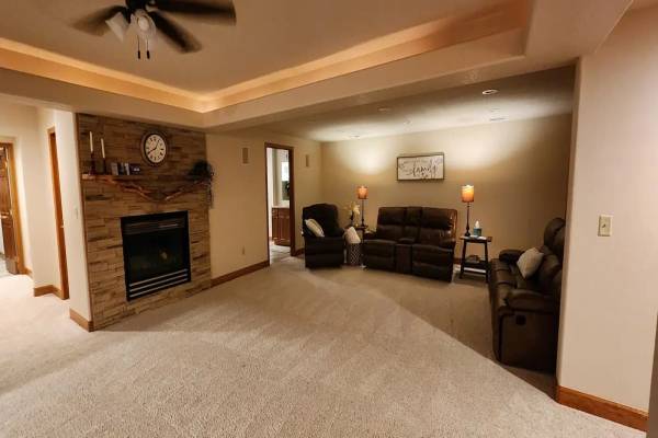 Family room with stone fireplace