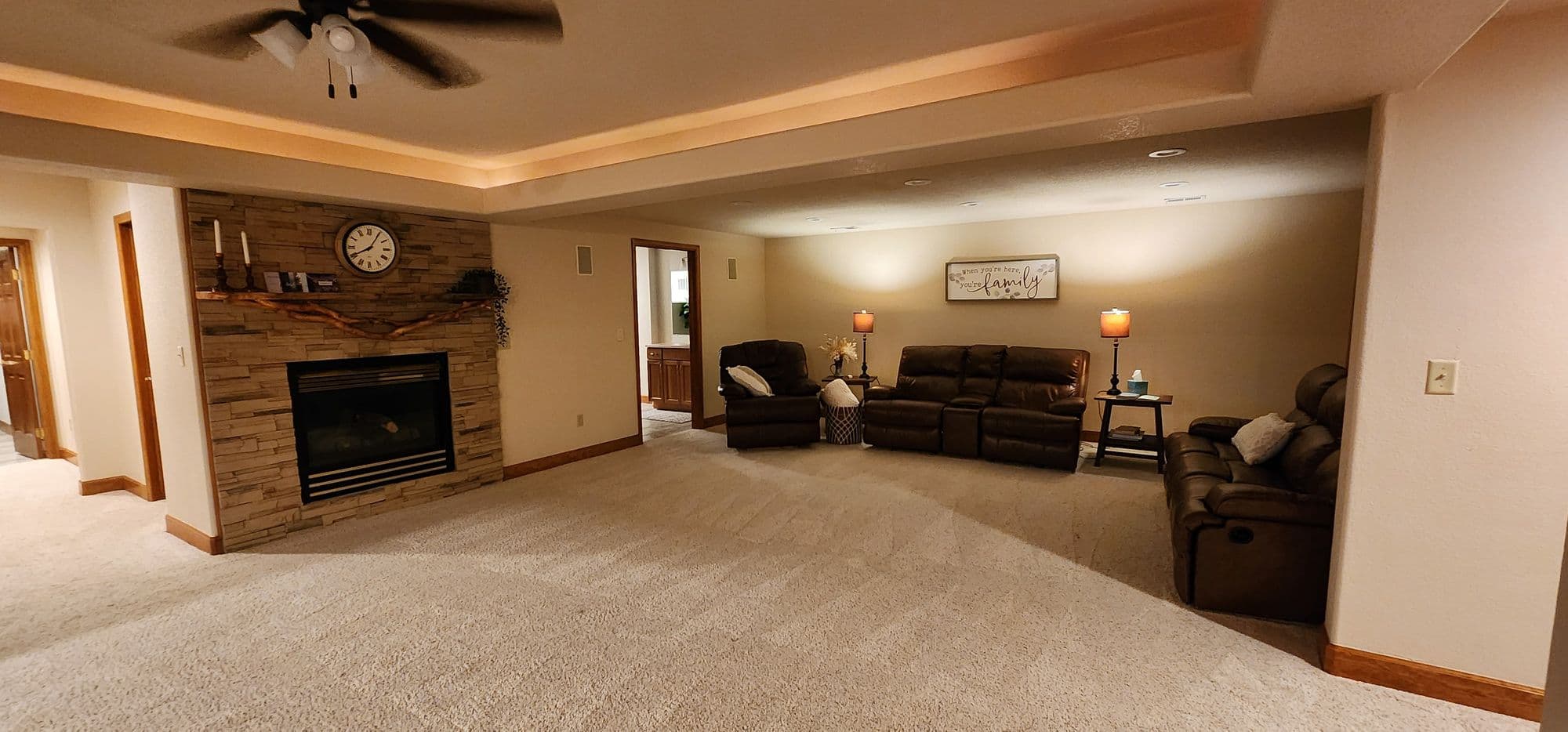 Family room with stone fireplace